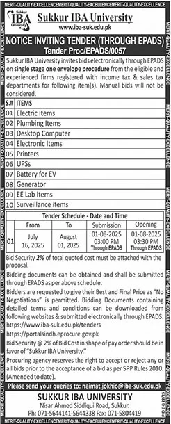 Sukkur IBA University Tender Notice